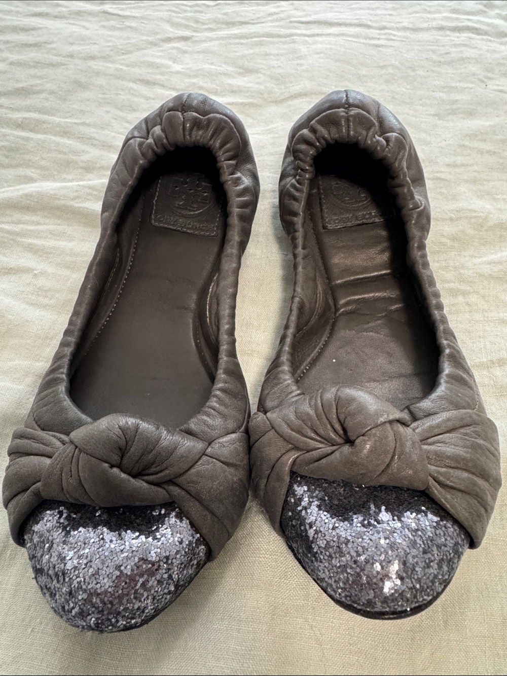 Tory Burch Grey and Sequin Knot-Front Ballet Flats 8M